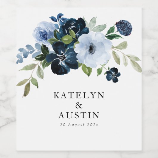 Navy & lichtblauw bloemenbruiloft wijn etiket (Enkel label)