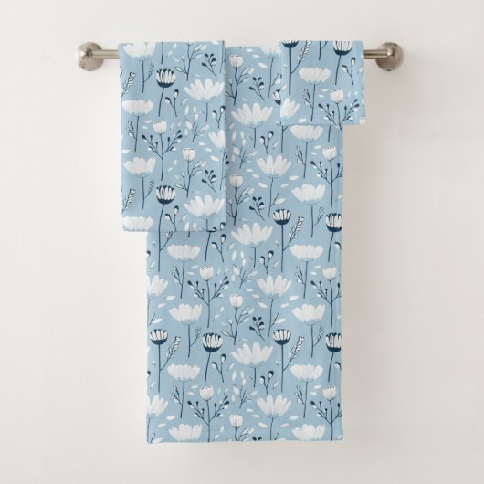 Navy Lichtblauw Wit Waterverf Bloemencadeau Bad Handdoek (Insitu)