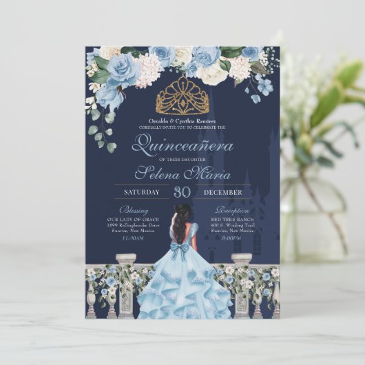 Navy & Light Blue Cinderella Princess Quinceañera Kaart (Staand voorkant)