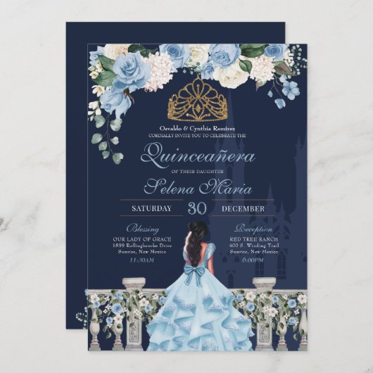 Navy & Light Blue Cinderella Princess Quinceañera Kaart (Voorkant / Achterkant)
