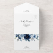 Navy Light Blue Dusty Blue Floral Wedding RSVP All In One Uitnodiging (Buitenkant)