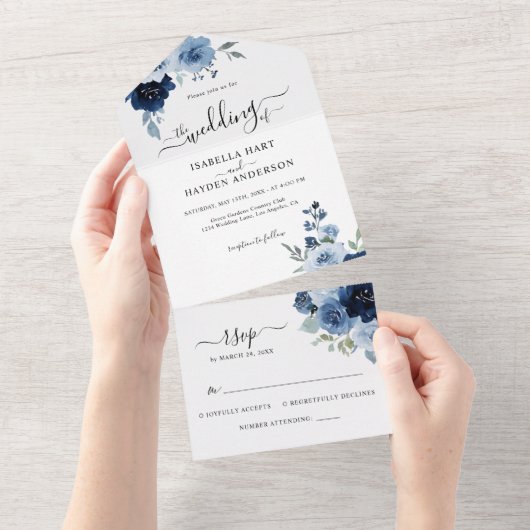 Navy Light Blue Dusty Blue Floral Wedding RSVP All In One Uitnodiging (Afscheurbaar)