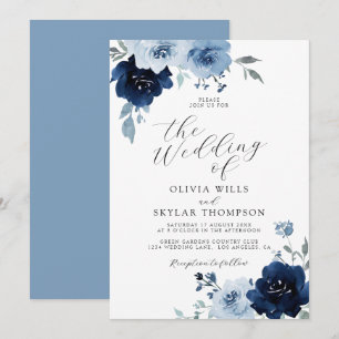 Navy Light Blue Dusty Elegant Floral Wedding Invit Kaart