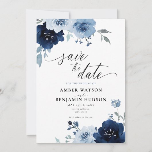 Navy Light Blue Dusty Floral Elegant Save the Date Kaart (Voorkant)