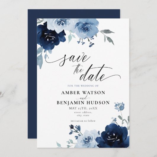 Navy Light Blue Dusty Floral Elegant Save the Date Kaart (Voorkant / Achterkant)