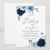 Navy Light Blue Elegant Script Floral Wedding Invi Kaart (Voorkant / Achterkant)