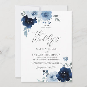 Navy Light Blue Elegant Script Floral Wedding Invi Kaart