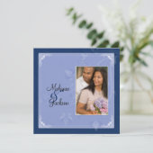 Navy Light Blue Floral Swirls Photo Post Wedding Kaart (Staand voorkant)