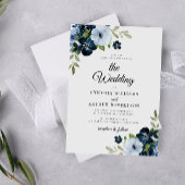 Navy light blue flower flower script bruiloft kaart