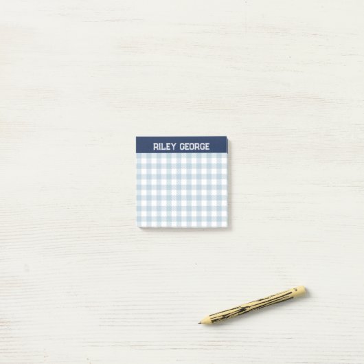 Navy & Light Blue Gingham Varsity Letters Naam Post-it® Notes (Op bureau)