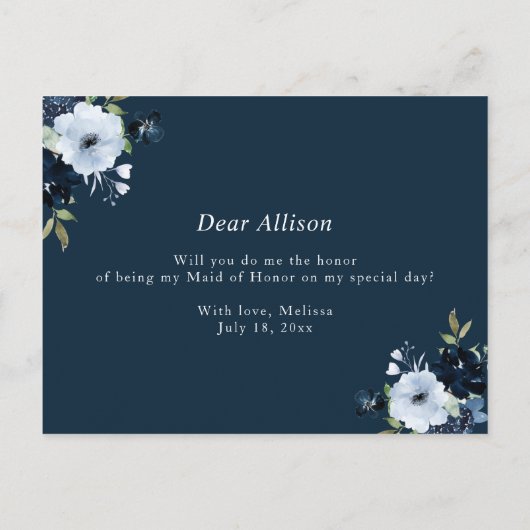 Navy light blue Maid of Honor proposal card Uitnodiging Briefkaart (Achterkant)