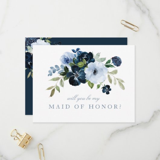 Navy light blue Maid of Honor proposal card Uitnodiging Briefkaart (Voorkant / Achterkant in situ)