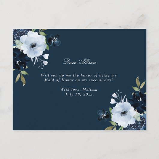 Navy light blue Maid of Honor proposal card Uitnodiging Briefkaart (Achterkant)