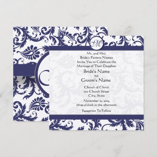 Navy Light Damask Swirls Wedding Invitation Kaart (Voorkant / Achterkant)