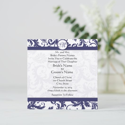 Navy Light Damask Swirls Wedding Invitation Kaart (Staand voorkant)