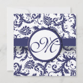 Navy Light Damask Swirls Wedding Invitation Kaart (Achterkant)