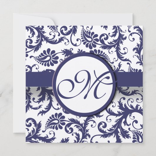 Navy Light Damask Swirls Wedding Invitation Kaart (Achterkant)