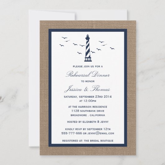 Navy Lighthouse & Burlap Nautical Rehearsal Dinner Kaart (Voorkant)
