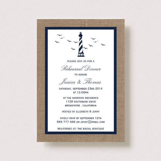Navy Lighthouse & Burlap Nautical Rehearsal Dinner Kaart