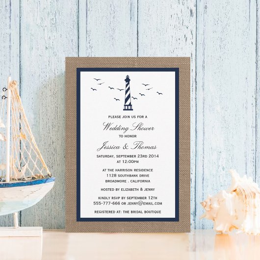 Navy Lighthouse op Burlap Nautical Wedding Shower Kaart