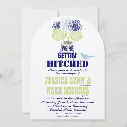 Navy, Limoen Rustic Blue Romantic Roos Mason Jar Kaart (Voorkant)