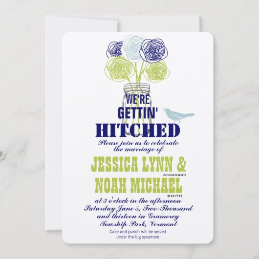 Navy, Limoen Rustic Blue Romantic Roos Mason Jar Kaart (Voorkant)