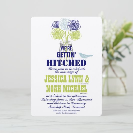 Navy, Limoen Rustic Blue Romantic Roos Mason Jar Kaart (Staand voorkant)