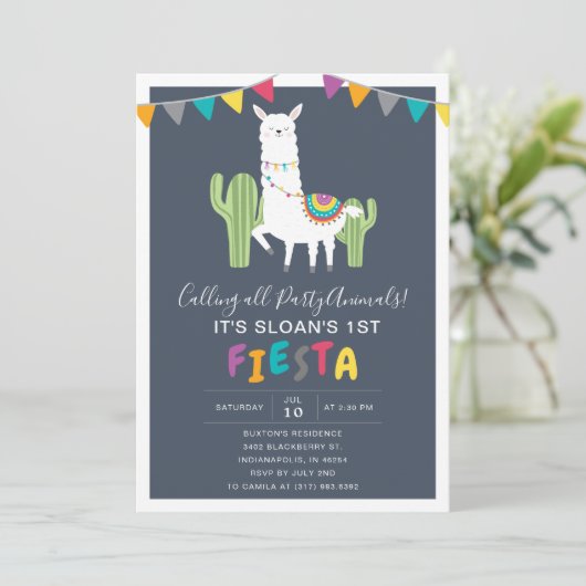 Navy Llama Fiesta Birthday Party Kaart (Staand voorkant)