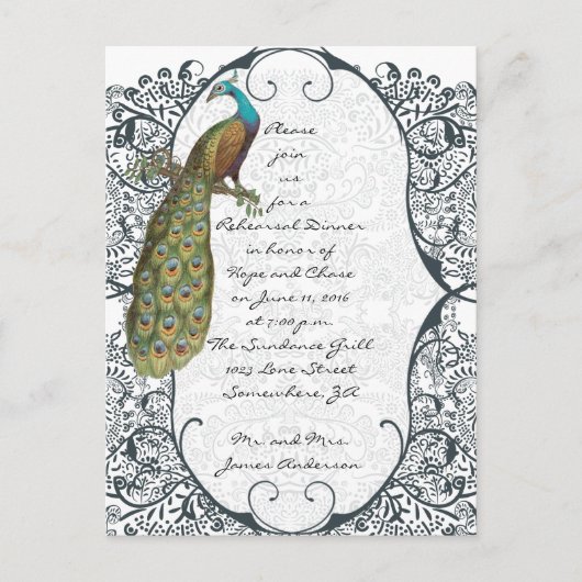 Navy Love Bird Damask Rehearsal Dinner Invitations Uitnodiging Briefkaart (Voorkant)