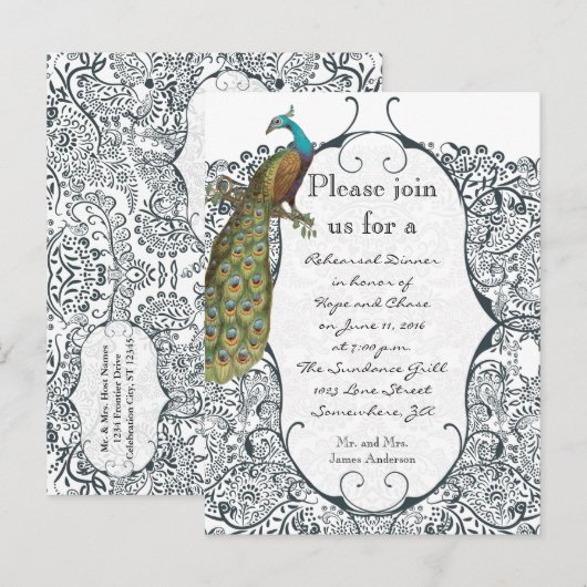 Navy Love Bird Damask Rehearsal Dinner Invitations Uitnodiging Briefkaart (Voorkant / Achterkant)