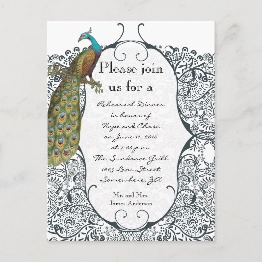 Navy Love Bird Damask Rehearsal Dinner Invitations Uitnodiging Briefkaart (Voorkant)