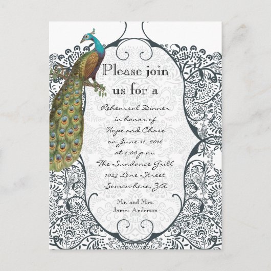 Navy Love Bird Damask Rehearsal Dinner Invitations Uitnodiging Briefkaart (Voorkant)