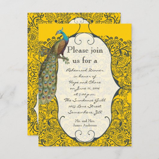 Navy Love Bird Damask Rehearsal Dinner Invitations Uitnodiging Briefkaart (Voorkant / Achterkant)