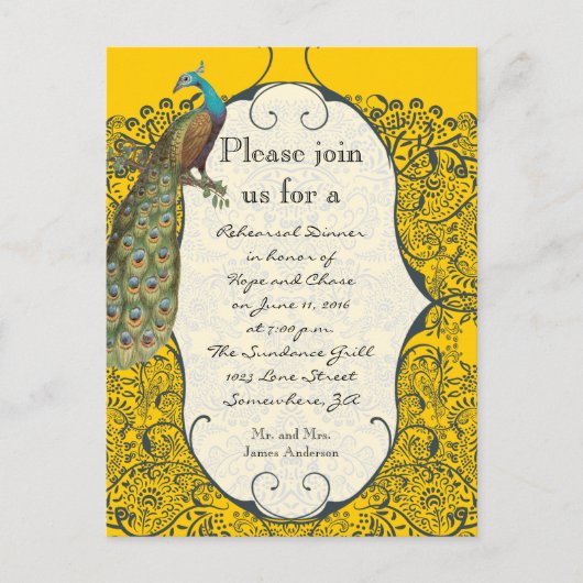 Navy Love Bird Damask Rehearsal Dinner Invitations Uitnodiging Briefkaart (Voorkant)