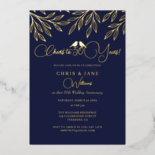 Navy Love Birds 50th Wedding Anniversary  Folie Uitnodiging (Voorkant)