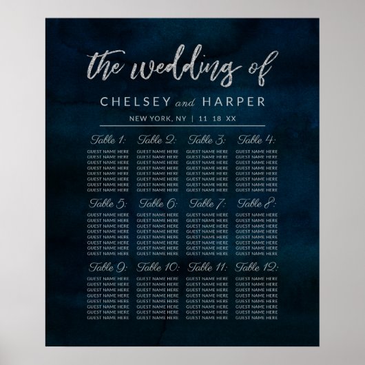 Navy Luster Blue Wedding Table Seating Chart Poster (Voorkant)