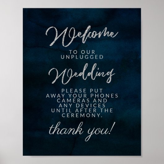 Navy Luster Dark Blue Unplugged Wedding Table Sign Poster (Voorkant)