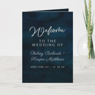 Navy Luster Dark Blue Watercolor Wedding Ceremony Programma