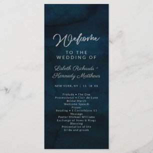 Navy Luster Dark Blue Watercolor Wedding Ceremony Programmakaart