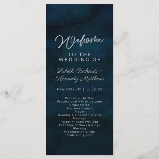 Navy Luster Dark Blue Watercolor Wedding Ceremony Programmakaart (Voorkant)