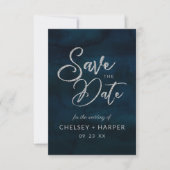 Navy Luster Dark Blue Waterverf Silver Elegant Save The Date (Voorkant)