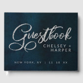 Navy Luster Donkerblauw Zilver Waterverf Bruiloft Gastenboek (Voorkant)