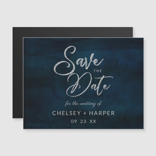 Navy Luster Donkerblauw Zilveren Bruiloft Save the (Voorkant / Achterkant)