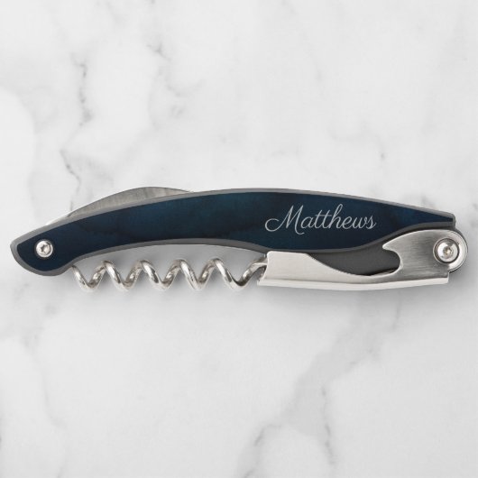 Navy Luster Donkerblauwe Waterverf Bruiloft Monogr Kurkentrekker (Achterkant)