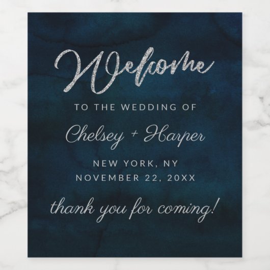 Navy Luster Donkerblauwe Waterverf bruiloft Welkom Wijn Etiket (Enkel label)