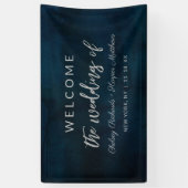 Navy Luster Silver Blue Waterverf bruiloft welkom Spandoek (Verticaal)