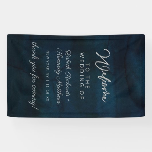 Navy Luster Silver Blue Waterverf bruiloft welkom Spandoek (Horizontaal)