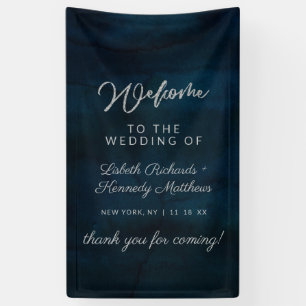 Navy Luster Silver Blue Waterverf bruiloft welkom Spandoek