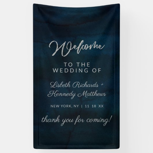 Navy Luster Silver Blue Waterverf bruiloft welkom Spandoek (Verticaal)