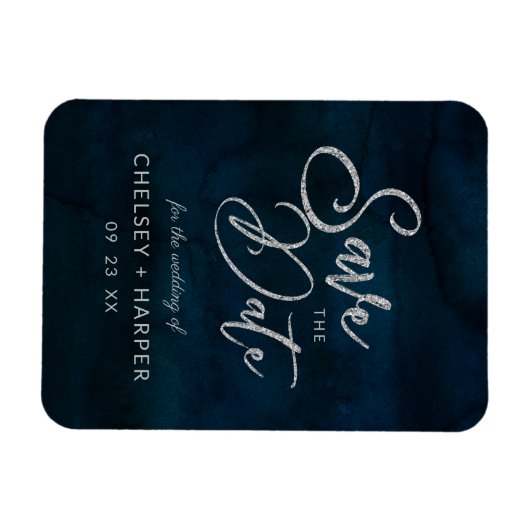 Navy Luster Silver Blue Waterverf Save the Date Magneet (Horizontaal)